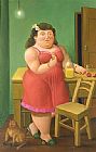 Fernando Botero Famous Paintings - Woman Drinking With Cat